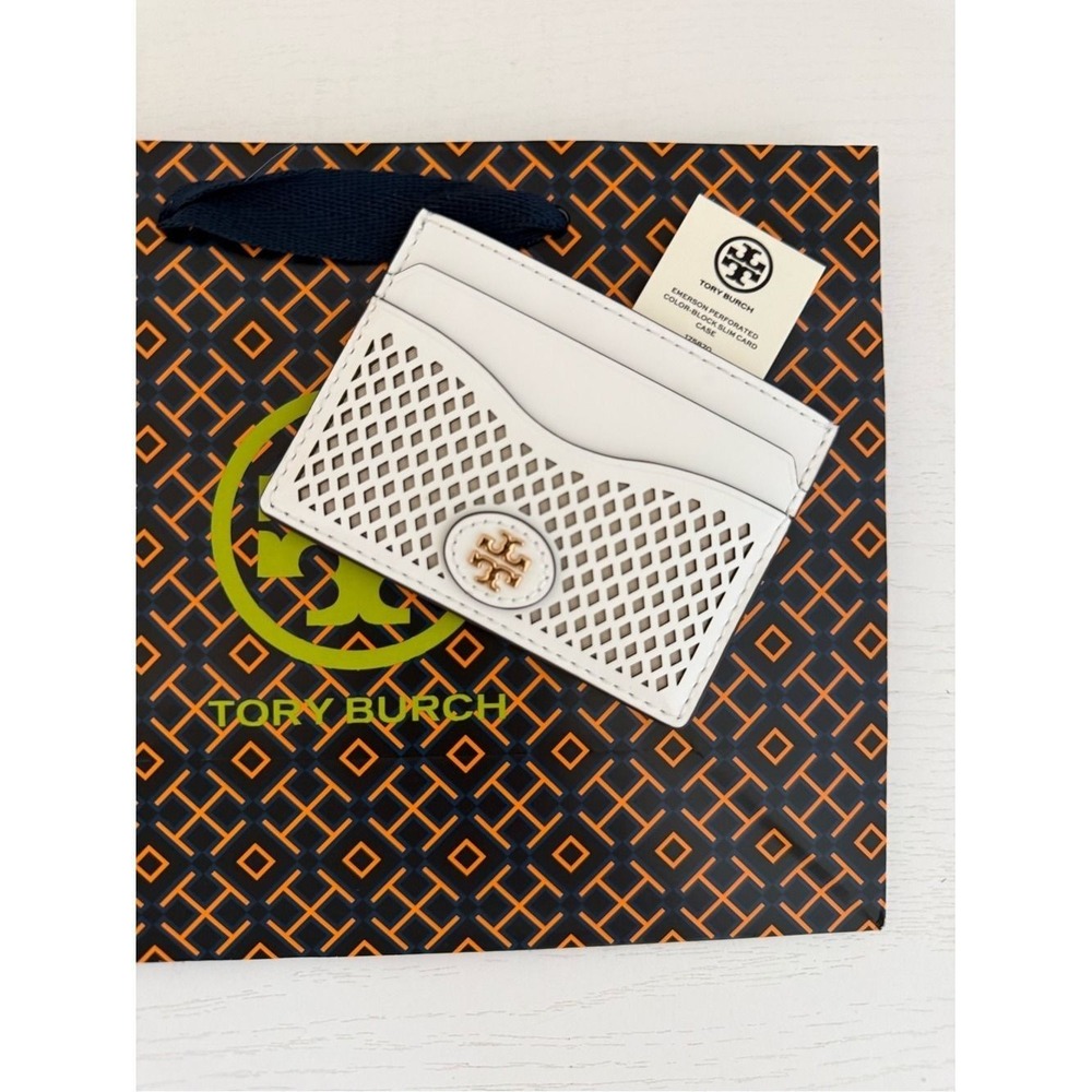 Tory Burch Emerson Perforated Color Block Slim Card Case Wallet 175870 White GLD